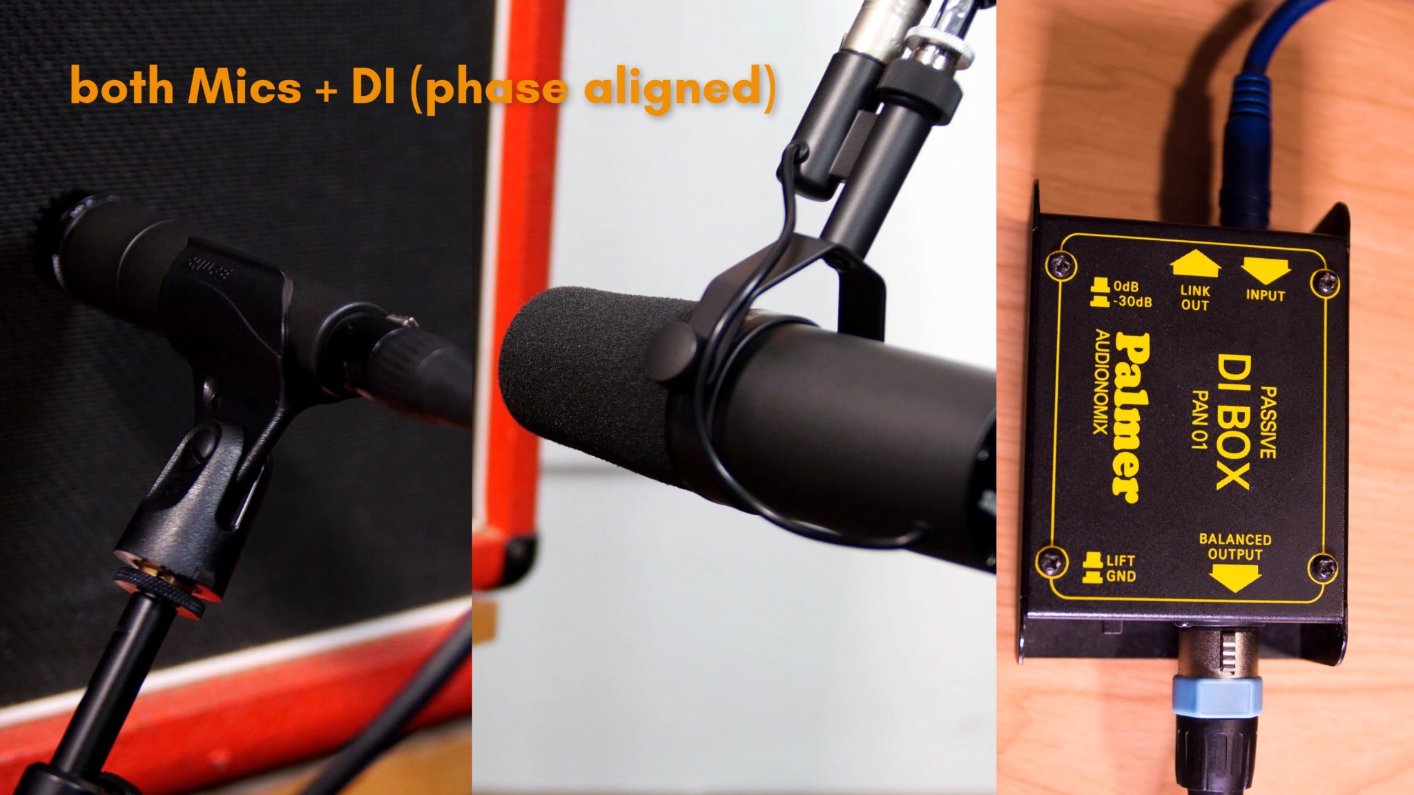 Blending of 2 guitar mics (Shure SM57 & Shure SM7B) and the DI signal through a DI box